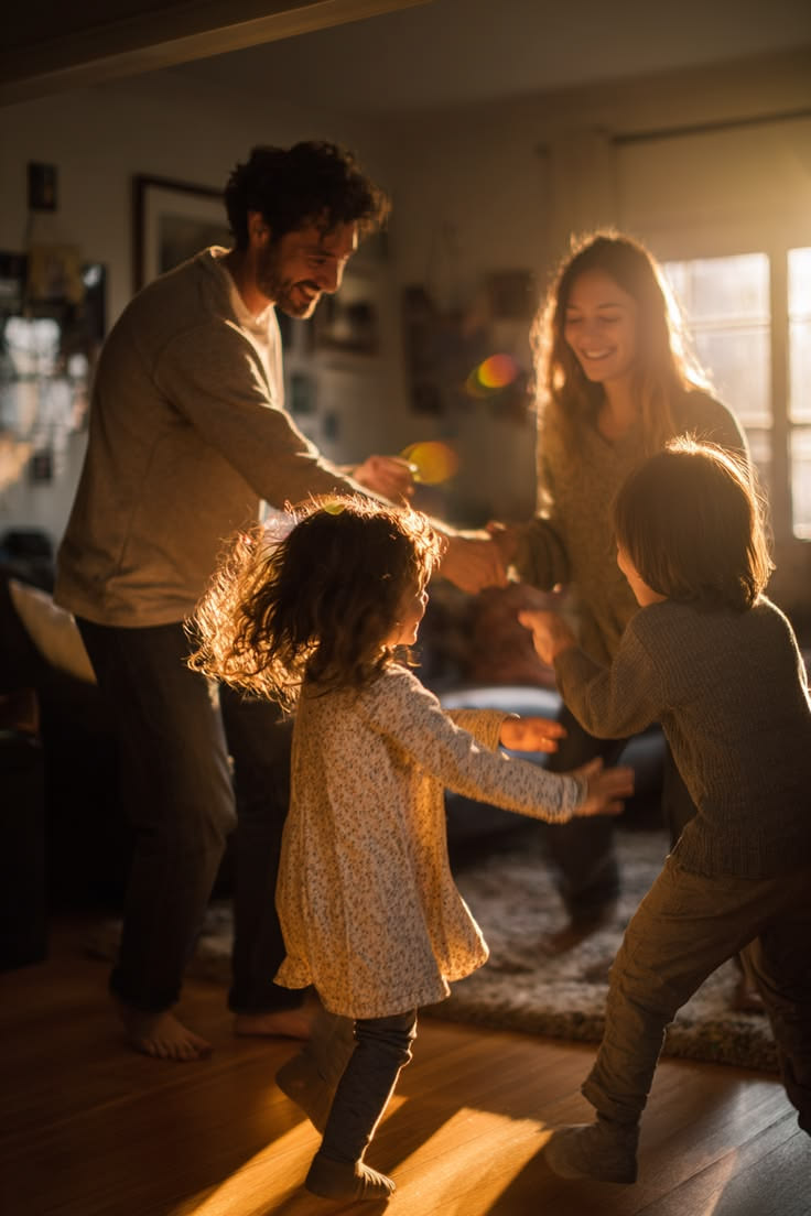 Cozy living room, rain outside, parent and child playing